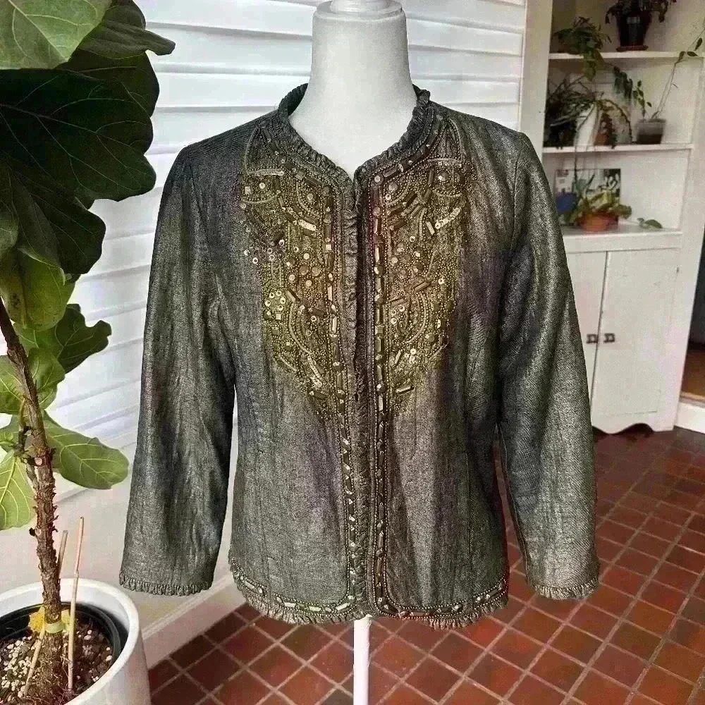 Chico’s Jacket- Fully lined ruffled detailed and sequin beading all thru -SZ 1